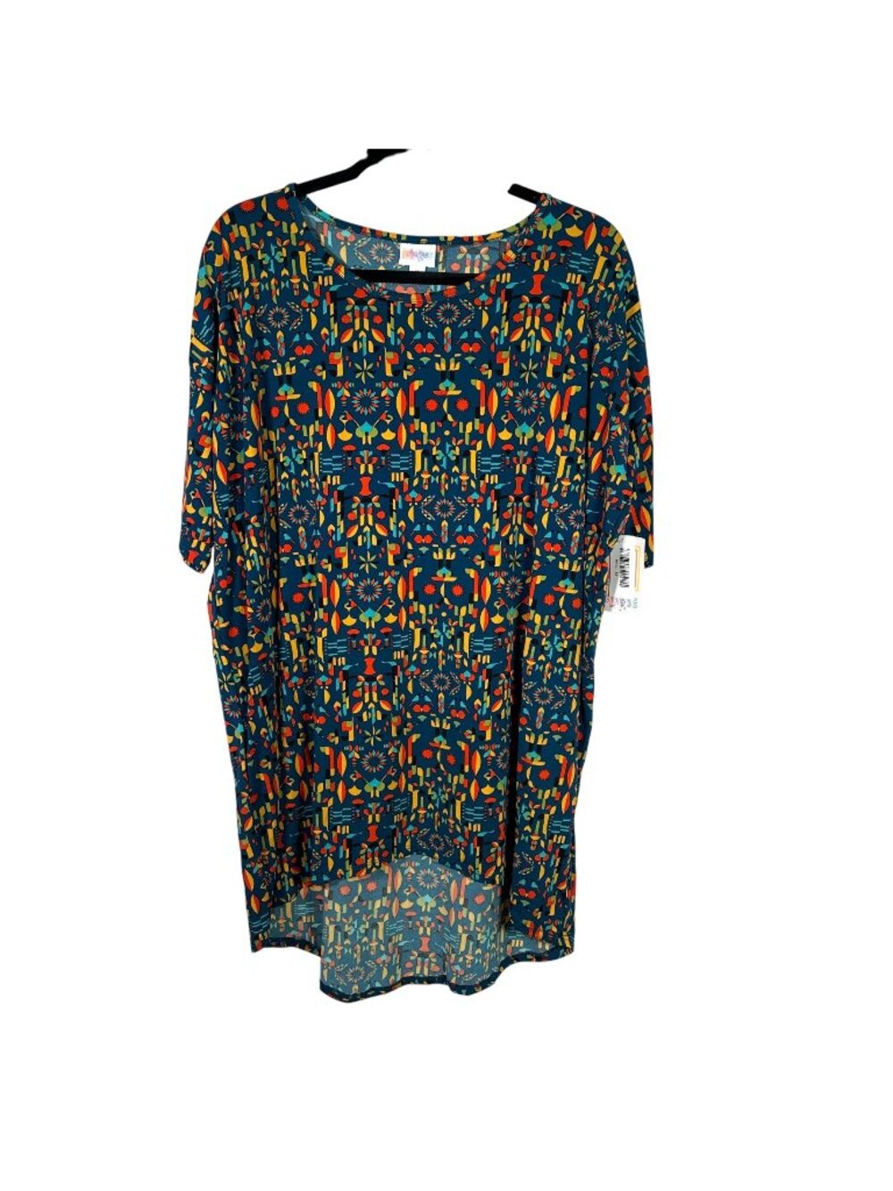 LuLaRoe IRMA Blue Red Yellow Orange Patterned Hi-Low Tunic Top Shirt MEDIUM M